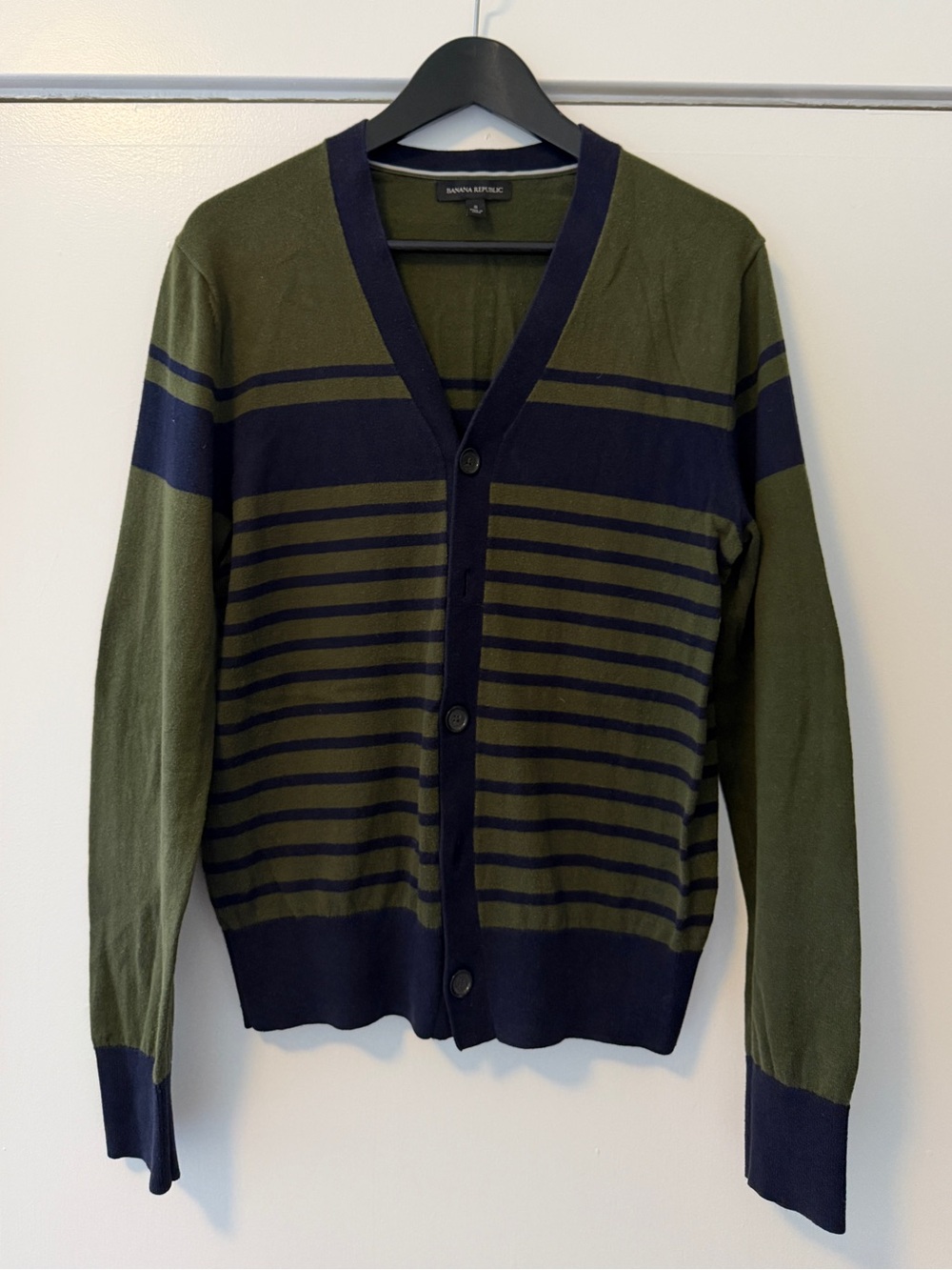 Banana Republic Olive Green and Navy Striped V-Neck Cardigan